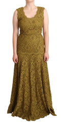 Braunes geblümtes Maxikleid aus Spitze, bodenlang