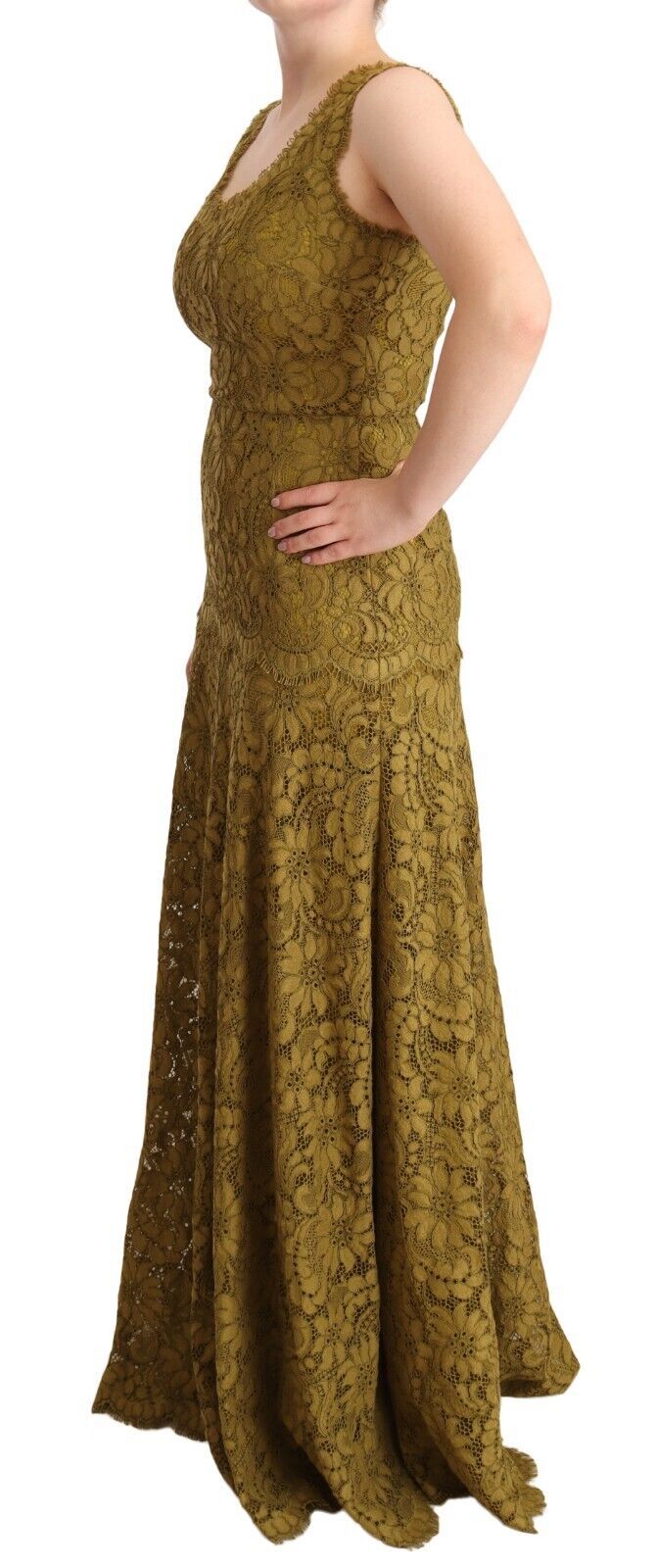 Braunes geblümtes Maxikleid aus Spitze, bodenlang