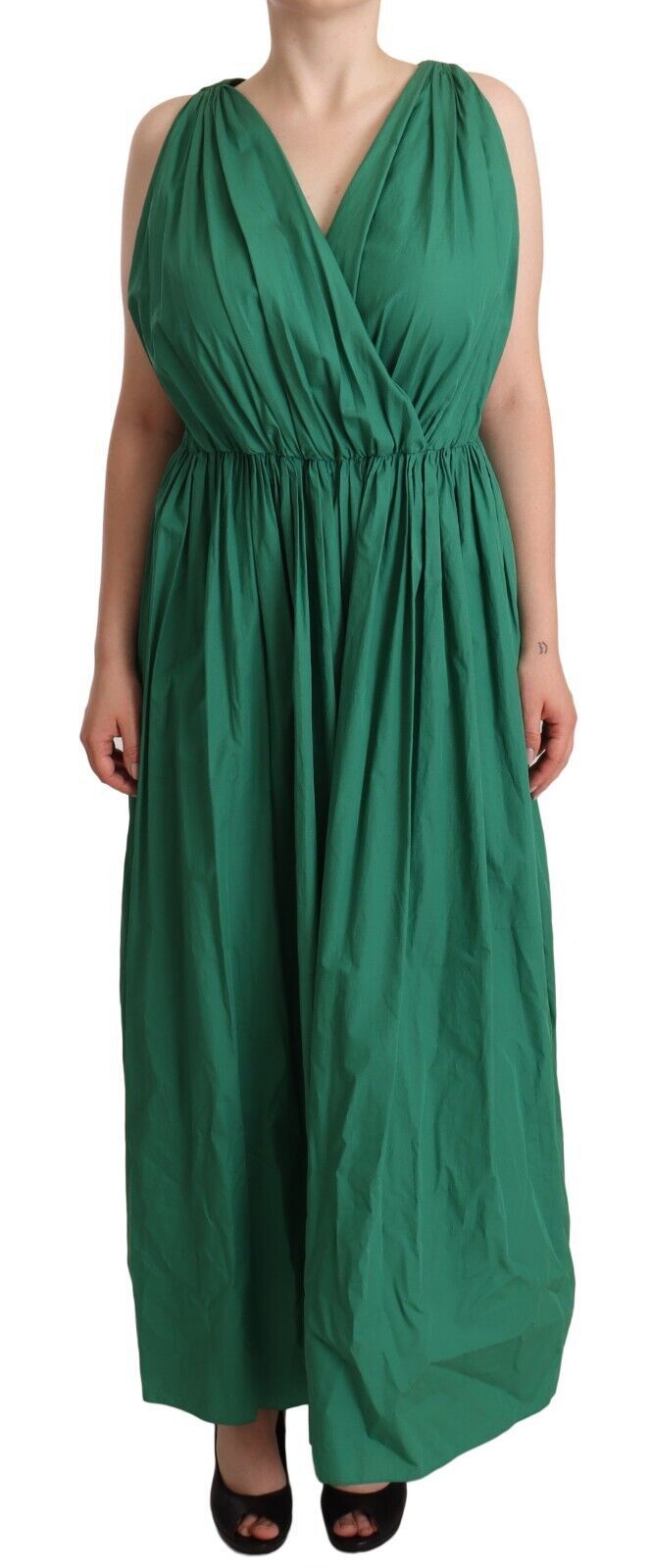 Grünes ärmelloses V-Ausschnitt-Kleid aus Baumwolle