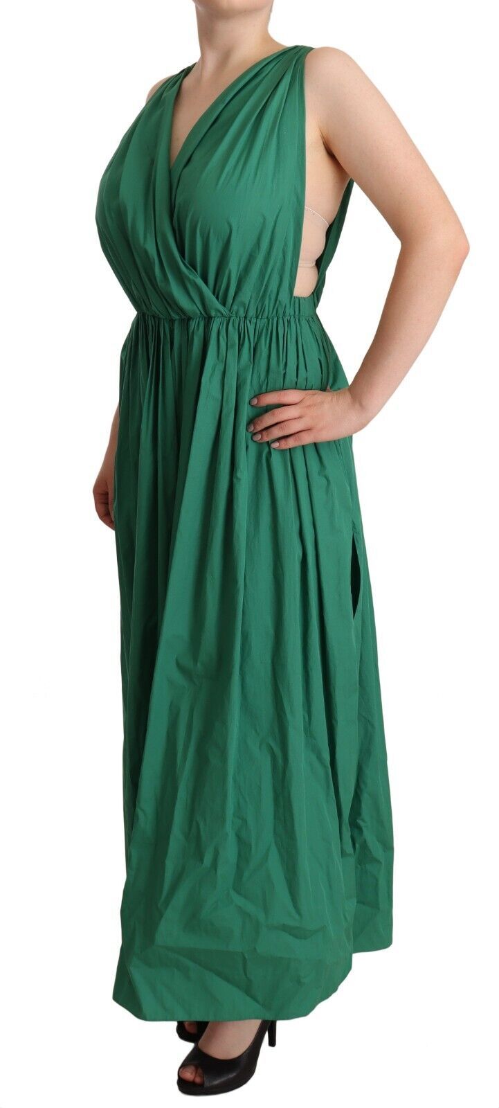 Grünes ärmelloses V-Ausschnitt-Kleid aus Baumwolle