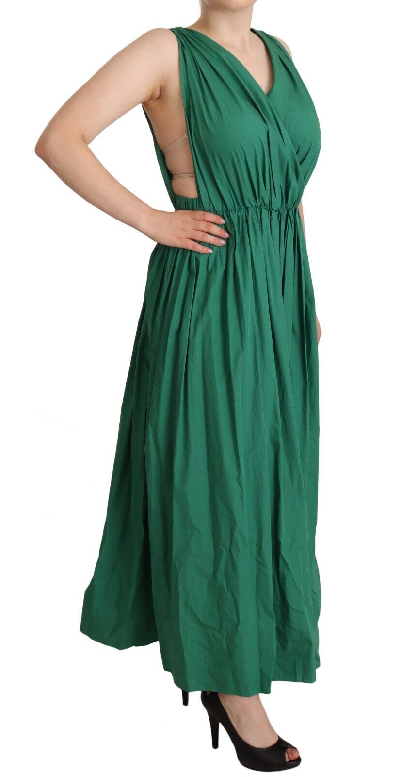 Grünes ärmelloses V-Ausschnitt-Kleid aus Baumwolle