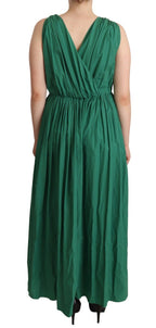 Grünes ärmelloses V-Ausschnitt-Kleid aus Baumwolle