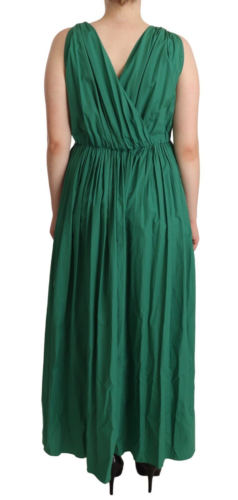 Grünes ärmelloses V-Ausschnitt-Kleid aus Baumwolle