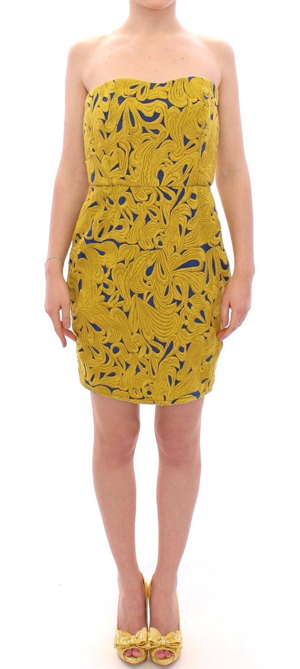 Blau-gelbes trägerloses Mini-Shiftkleid mit Bubblesaum