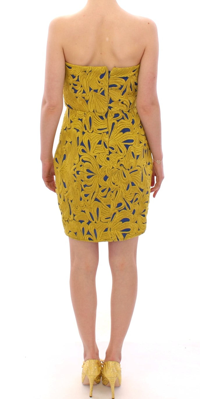 Blau-gelbes trägerloses Mini-Shiftkleid mit Bubblesaum