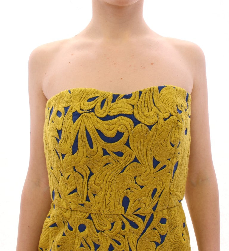 Blau-gelbes trägerloses Mini-Shiftkleid mit Bubblesaum