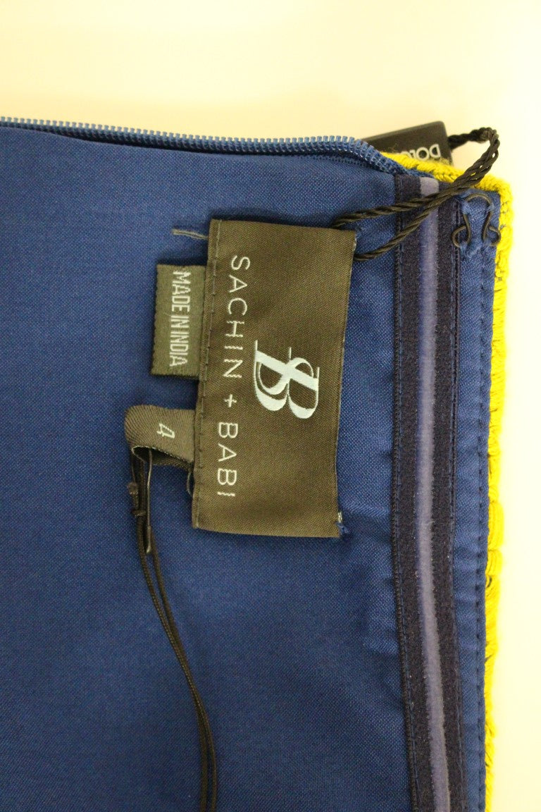 Blau-gelbes trägerloses Mini-Shiftkleid mit Bubblesaum