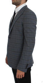 Blauer karierter, schmal geschnittener Blazer