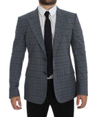 Blauer karierter, schmal geschnittener Blazer