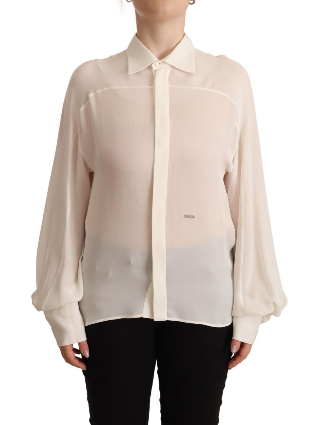 Off-White Seidenbluse mit langen Ärmeln und Kragen