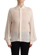 Off-White Seidenbluse mit langen Ärmeln und Kragen