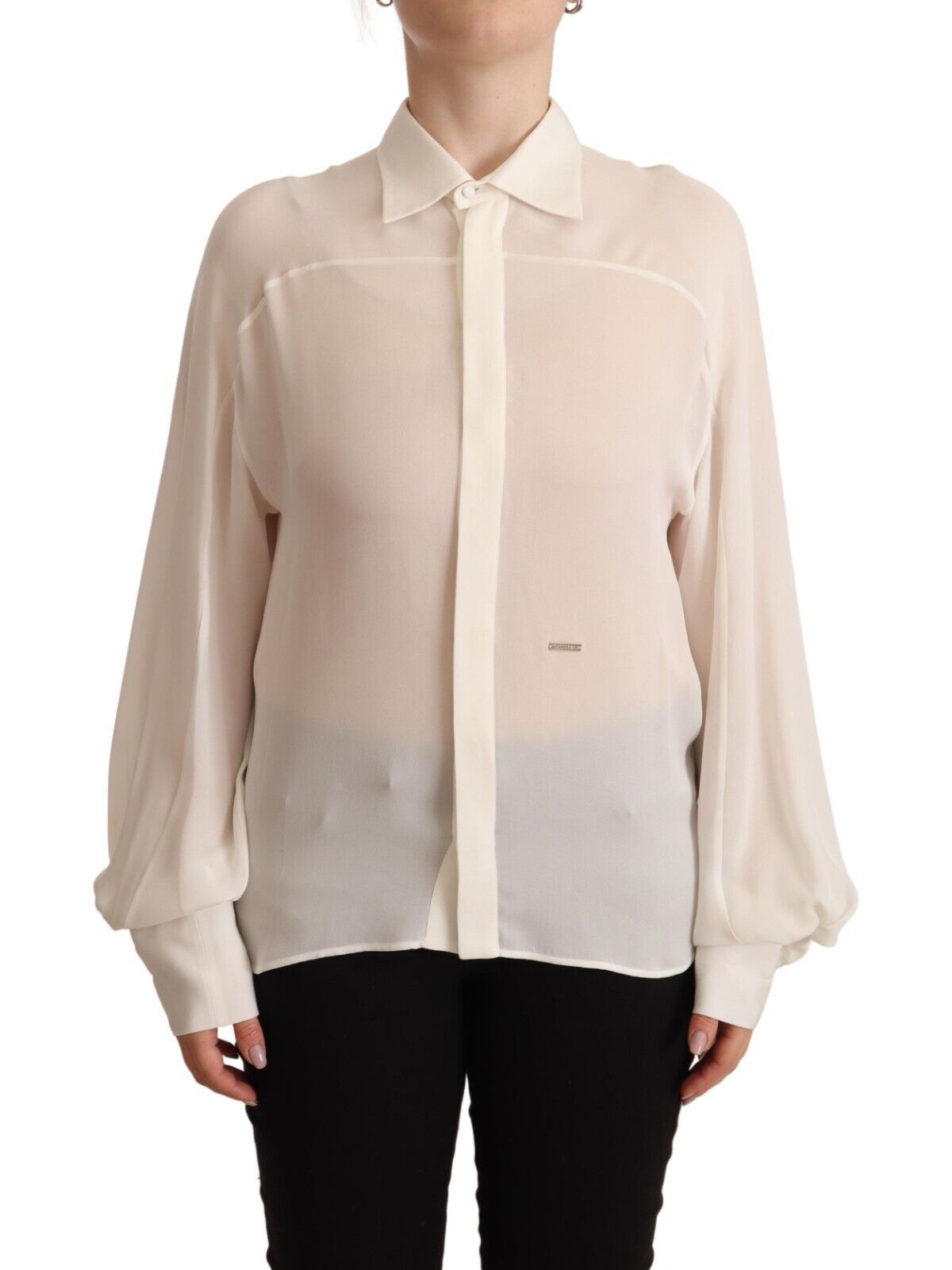 Off-White Seidenbluse mit langen Ärmeln und Kragen
