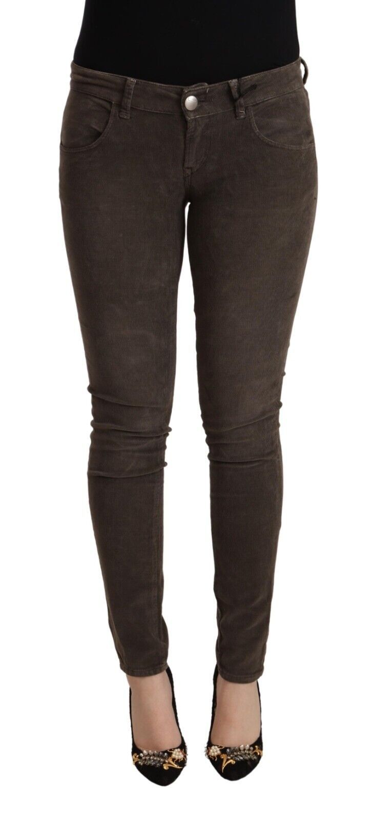 Braune Baumwoll-Slim-Fit-Jeans mit niedriger Leibhöhe