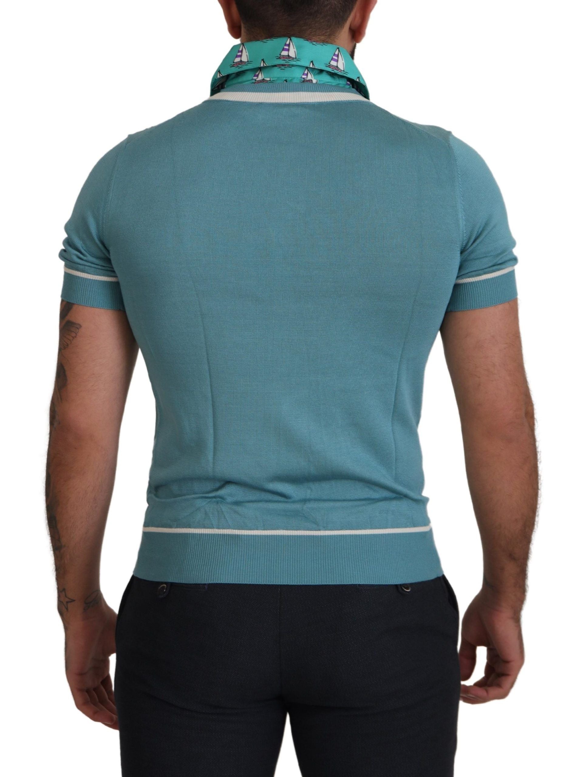 Blaues Seiden-Poloshirt Herren V-Ausschnitt T-Shirt