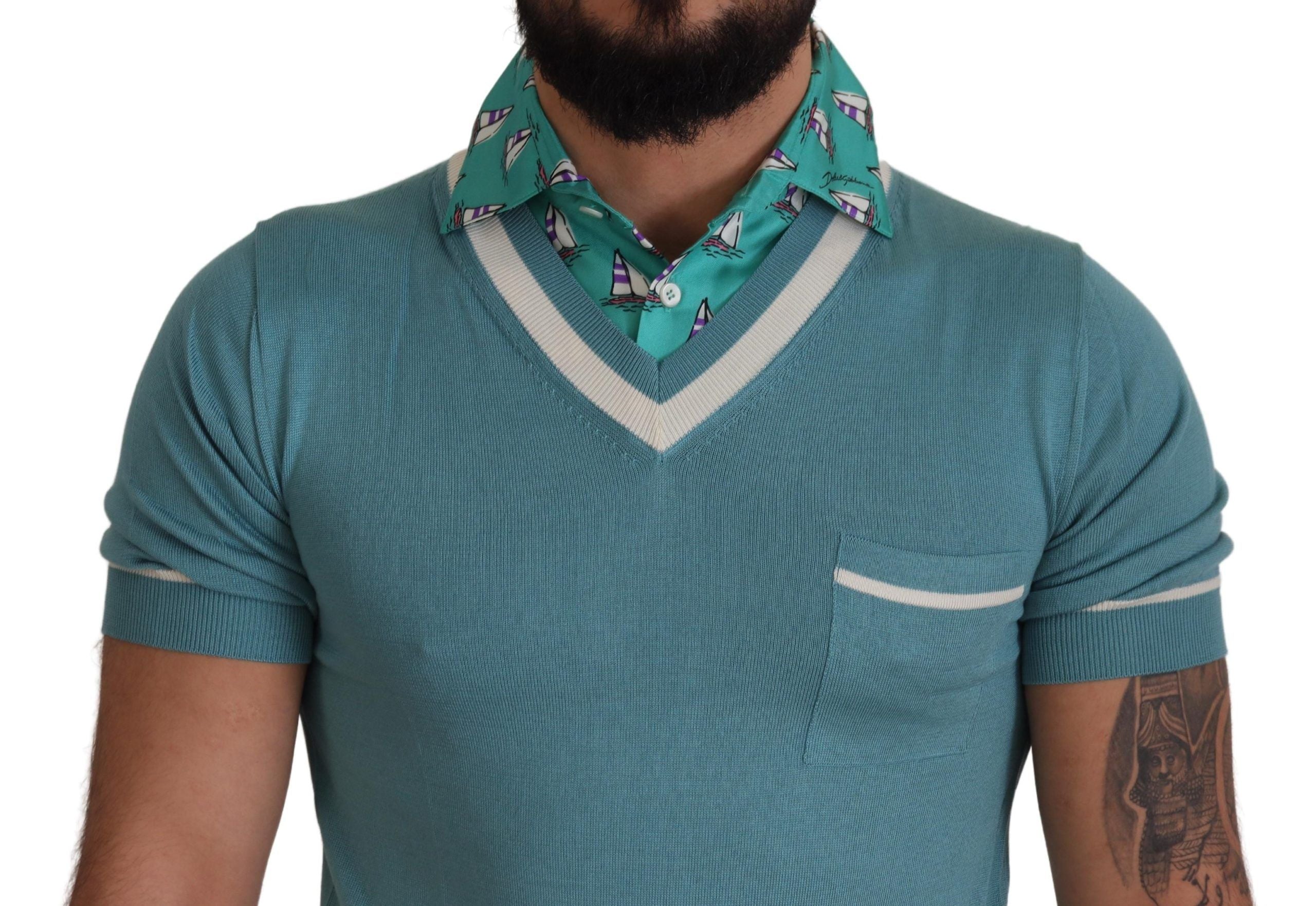 Blaues Seiden-Poloshirt Herren V-Ausschnitt T-Shirt