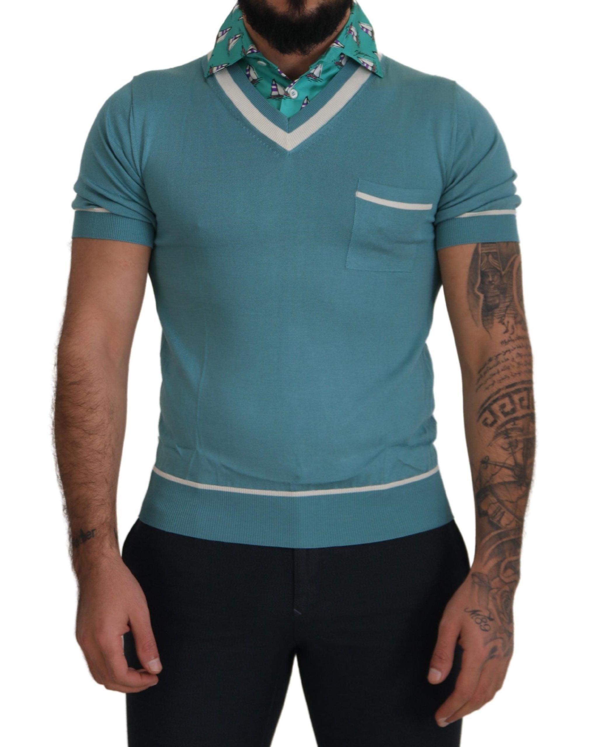 Blaues Seiden-Poloshirt Herren V-Ausschnitt T-Shirt