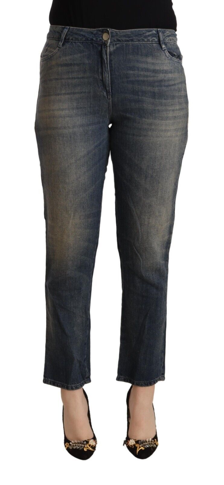 Blue Washed Cotton Cropped Capri Damen Jeans