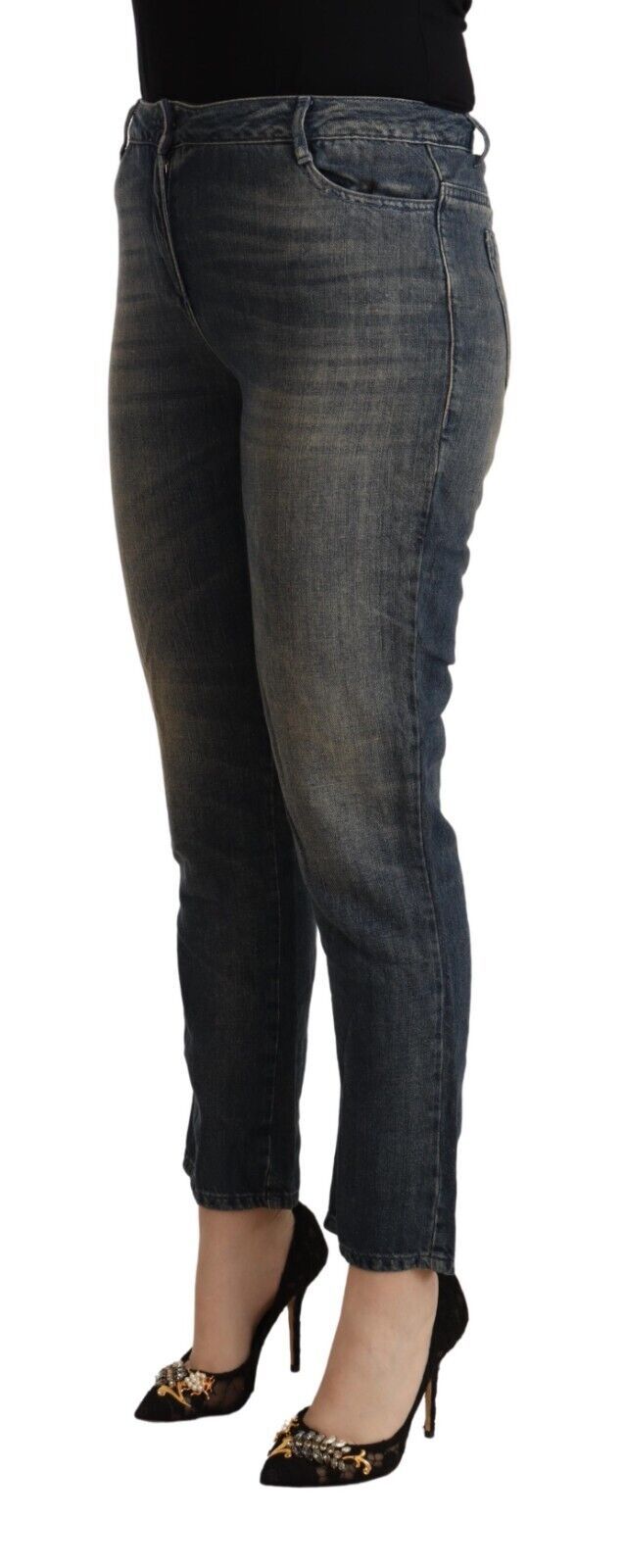 Blue Washed Cotton Cropped Capri Damen Jeans