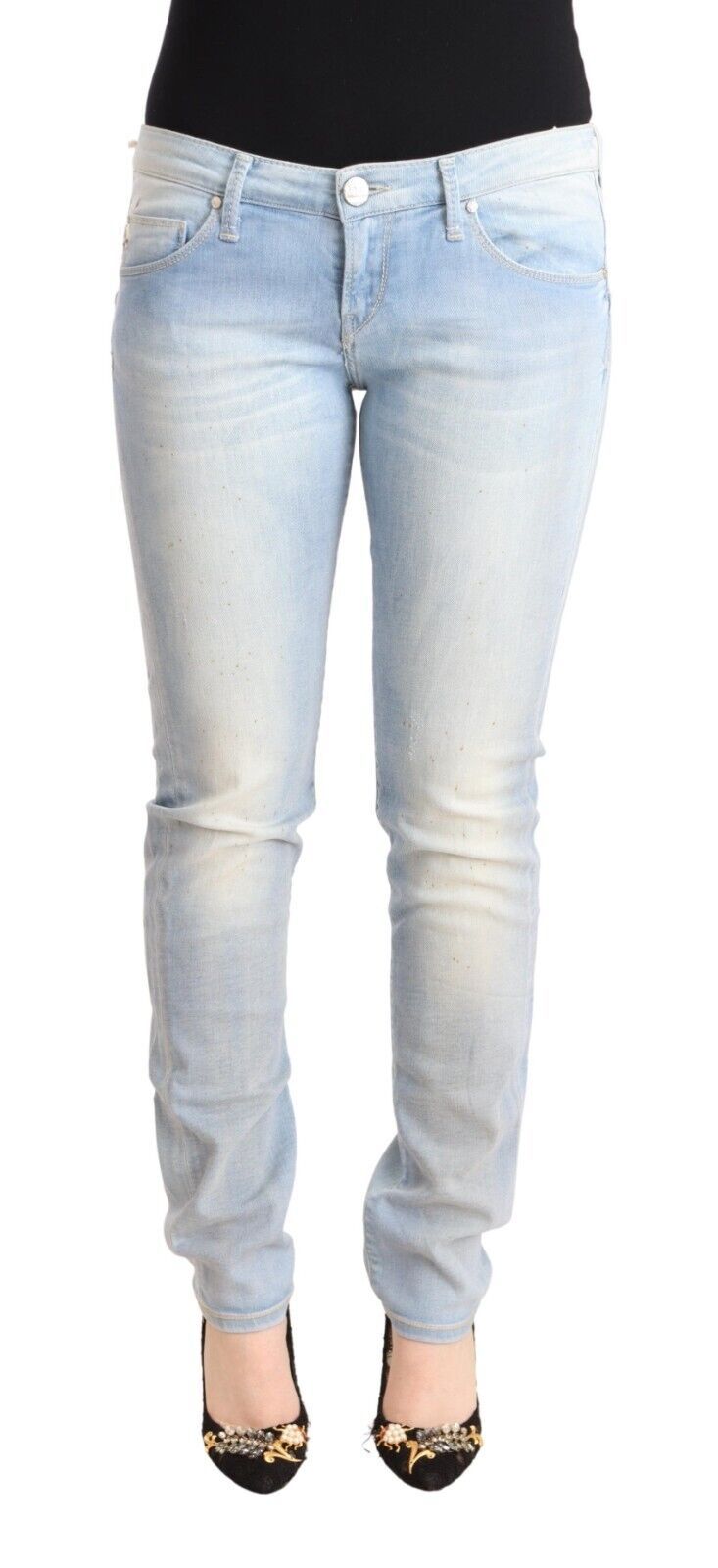 Hellblaue Washed-Cotton Low Waist Skinny Jeans
