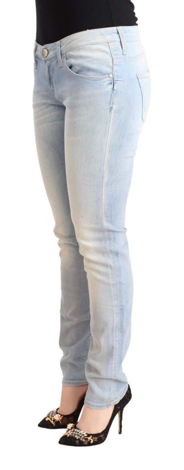 Hellblaue Washed-Cotton Low Waist Skinny Jeans