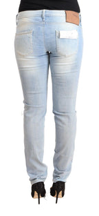 Hellblaue Washed-Cotton Low Waist Skinny Jeans
