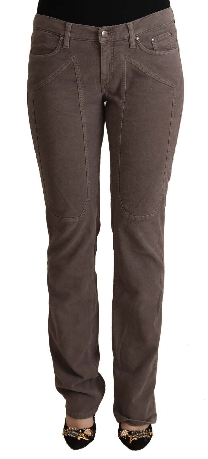 Braune Low-Waist Denim Jeans aus Baumwolle mit ikonischen Patches