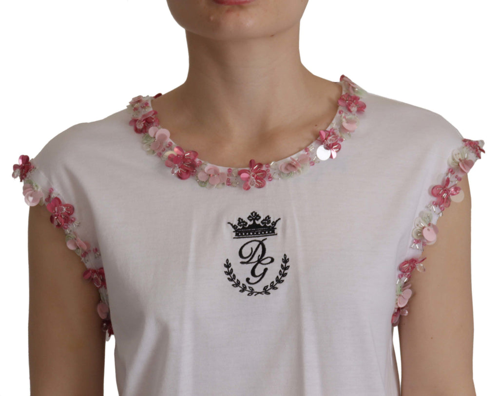 Weißes DG Crown T-Shirt mit floralen Pailletten
