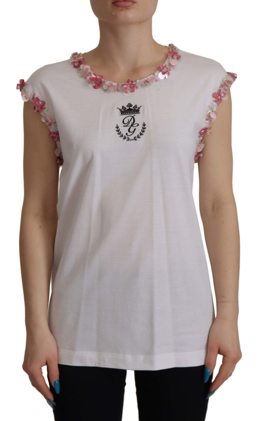 Weißes DG Crown T-Shirt mit floralen Pailletten