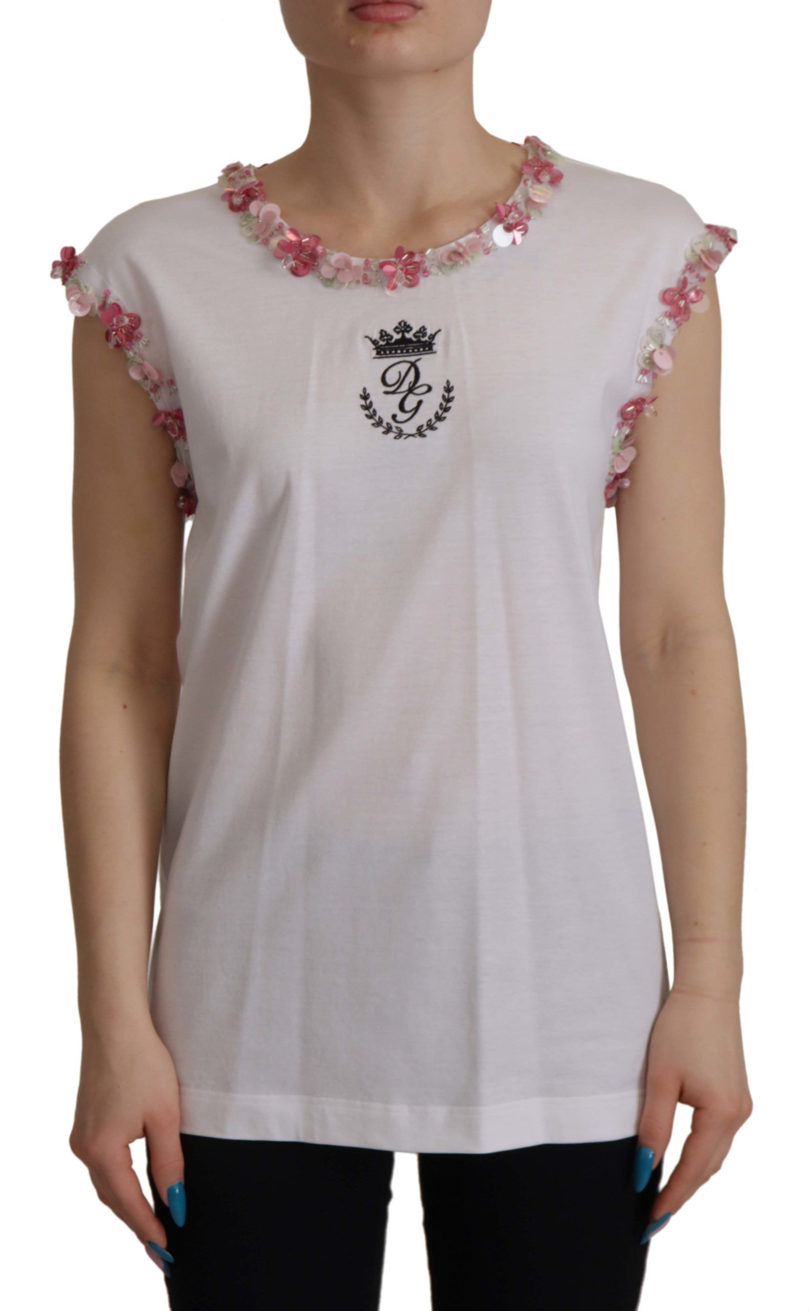 Weißes DG Crown T-Shirt mit floralen Pailletten