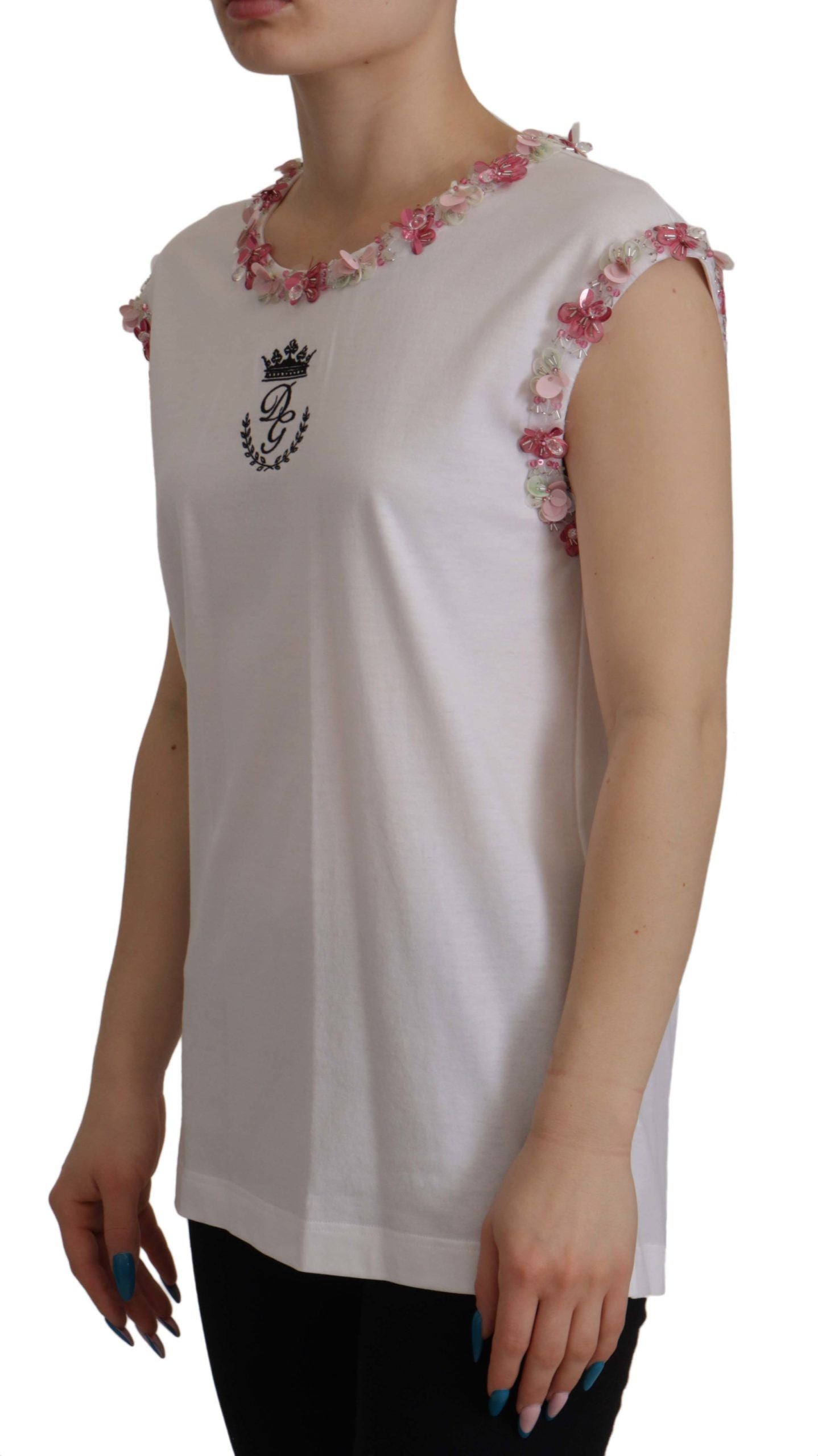 Weißes DG Crown T-Shirt mit floralen Pailletten