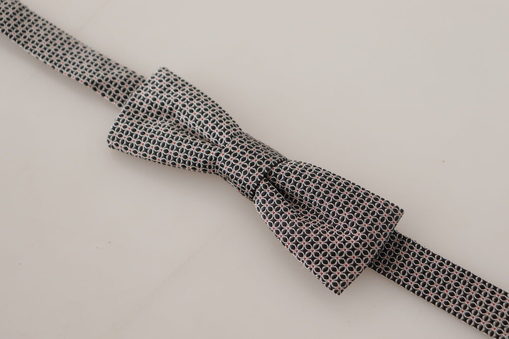 Black White Flower Pattern Silk Neck Bow Tie