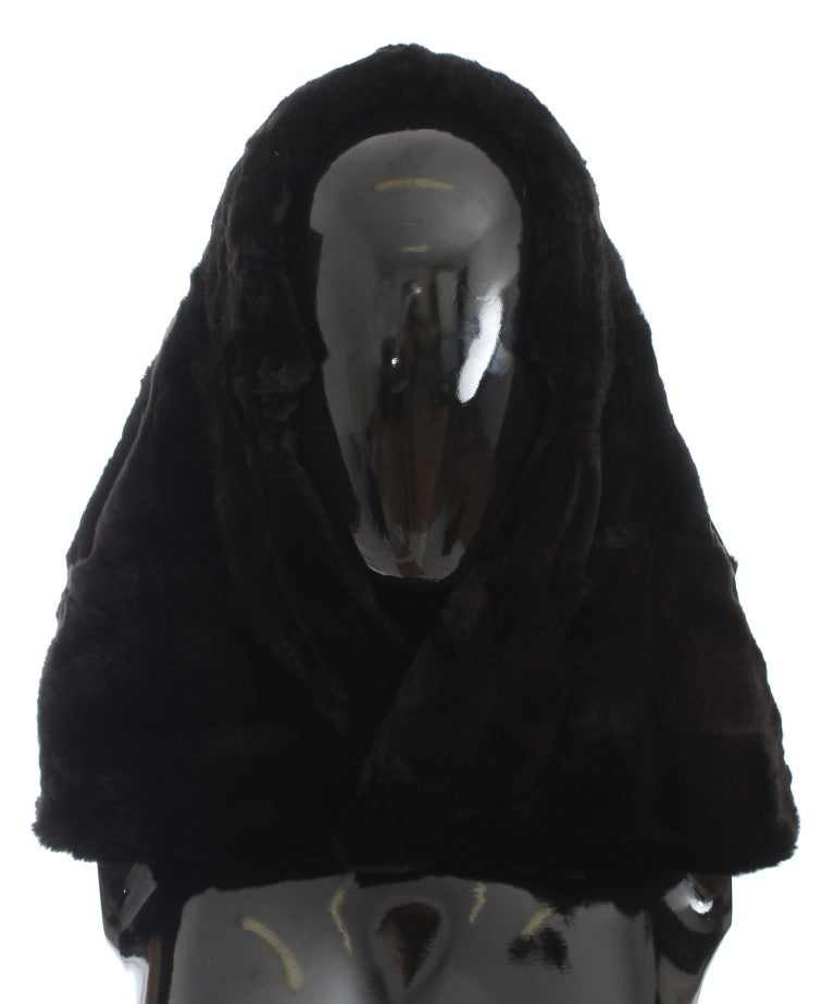 Schwarzer Wieselfell-Häkelkapuzenmützen-Schal