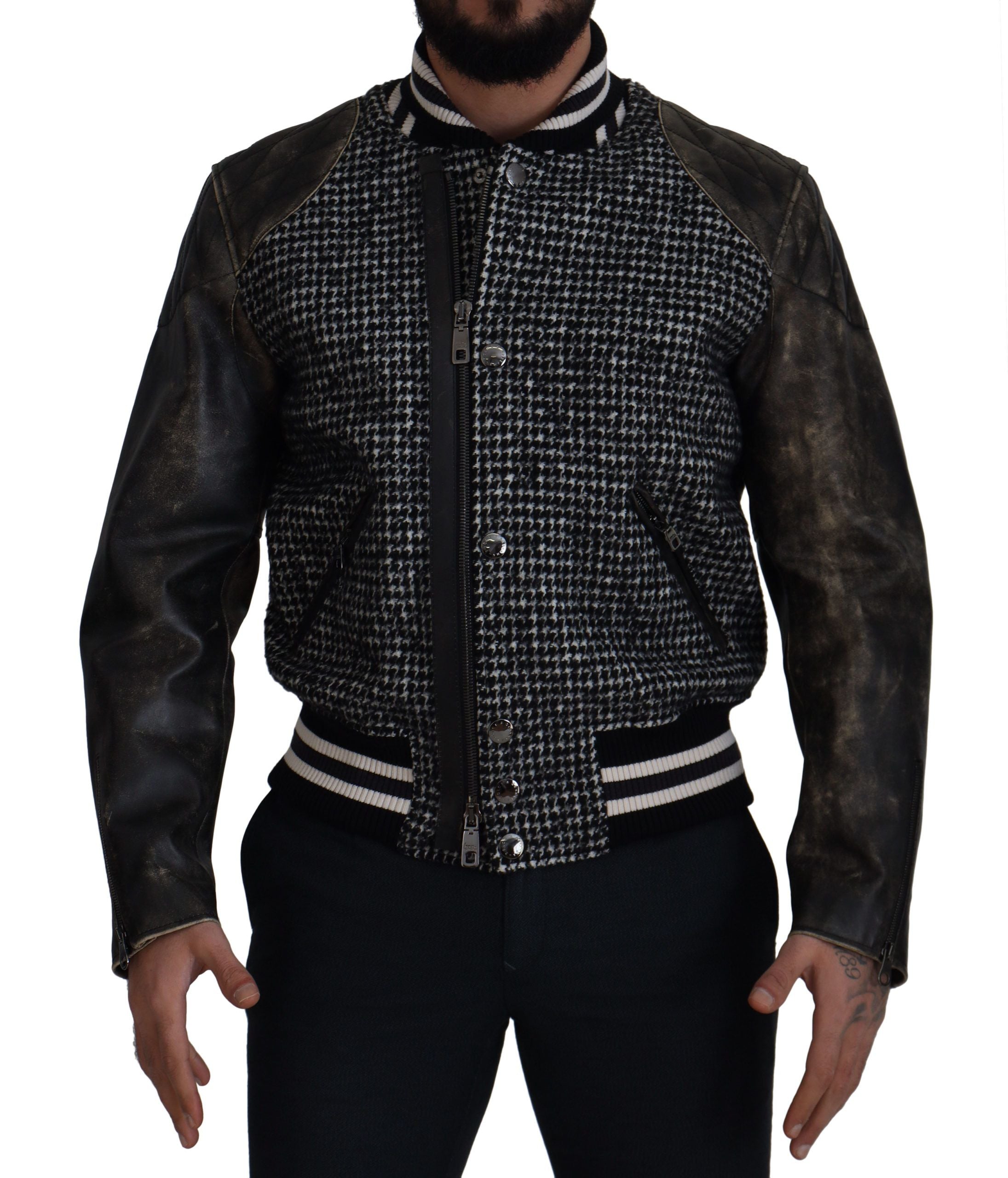 Bomberjacke aus Polyester mit schwarzem Hahnentrittmuster