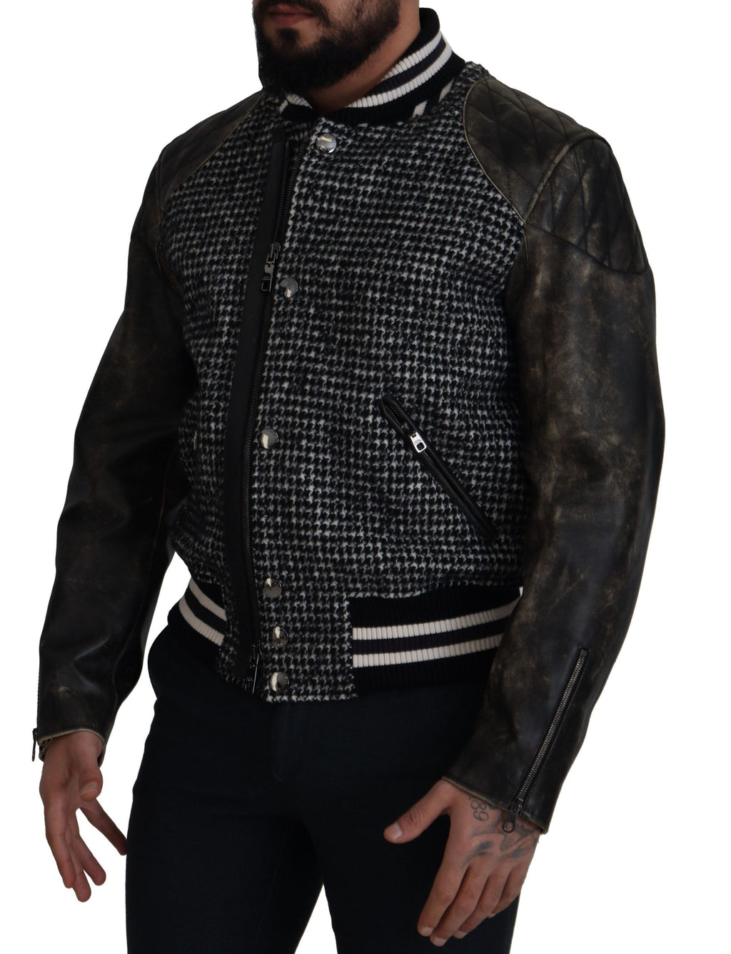 Bomberjacke aus Polyester mit schwarzem Hahnentrittmuster