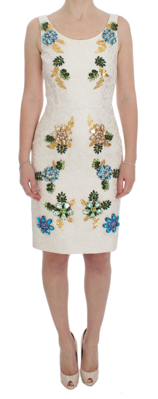 Weißes Brokat-Scheidenkleid mit Kristallen