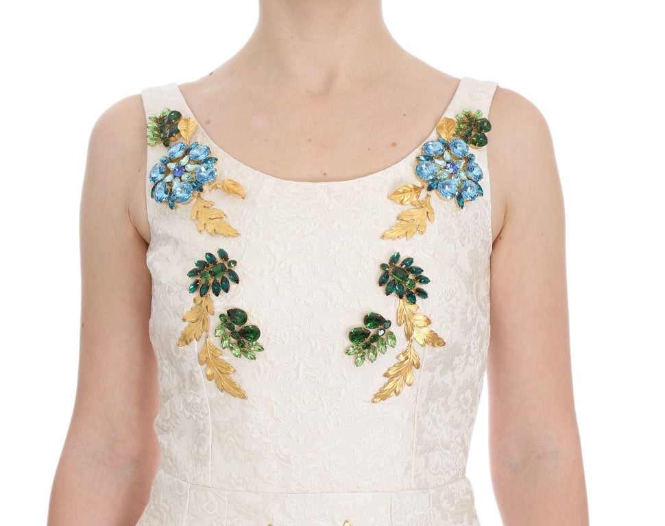 Weißes Brokat-Scheidenkleid mit Kristallen