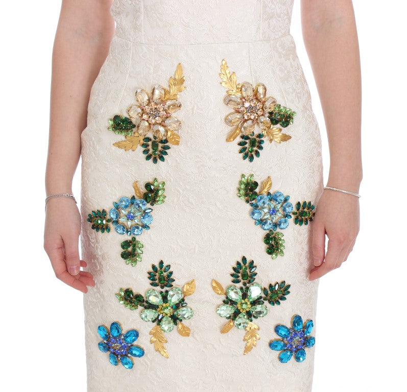 Weißes Brokat-Scheidenkleid mit Kristallen