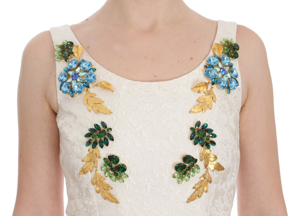 Weißes Brokat-Scheidenkleid mit Kristallen