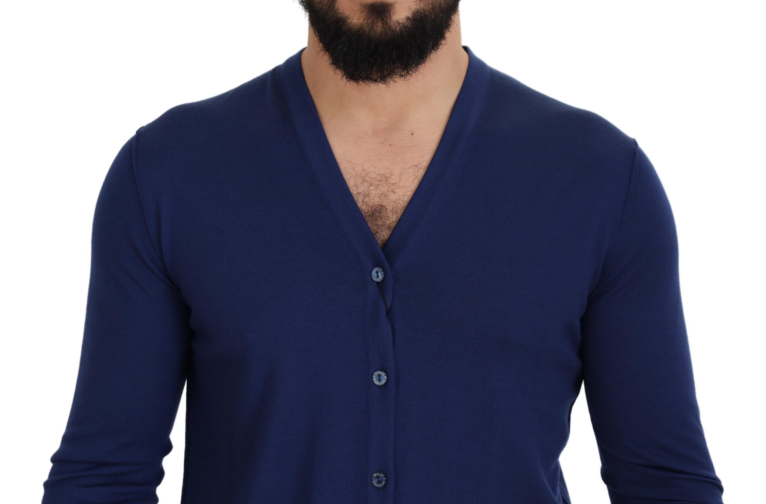 Blaue Strickjacke mit V-Ausschnitt und Knopfleiste aus Wolle