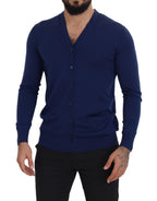 Blaue Strickjacke mit V-Ausschnitt und Knopfleiste aus Wolle