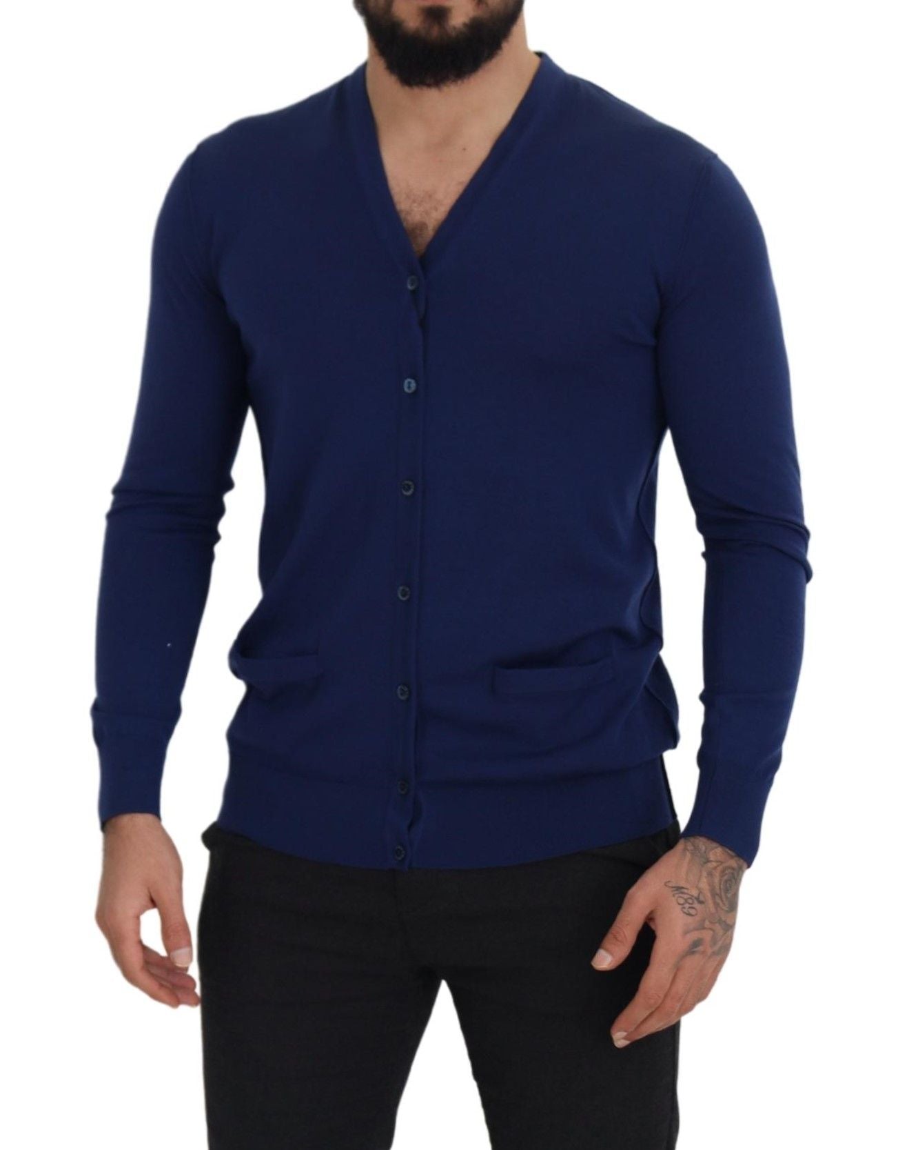 Blaue Strickjacke mit V-Ausschnitt und Knopfleiste aus Wolle