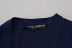 Blaue Strickjacke mit V-Ausschnitt und Knopfleiste aus Wolle