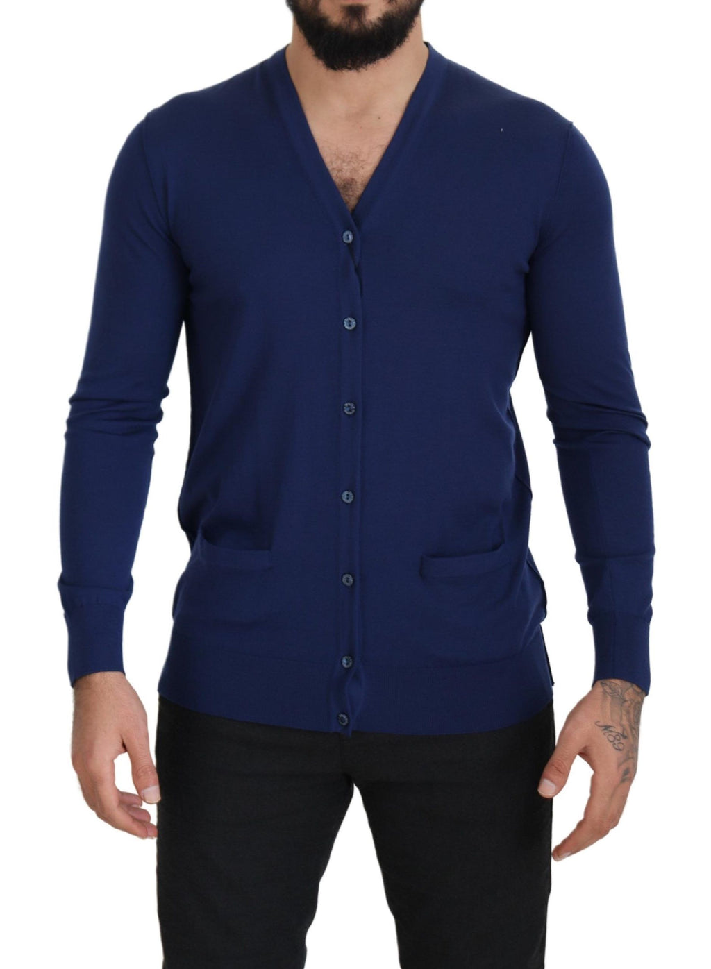 Blaue Strickjacke mit V-Ausschnitt und Knopfleiste aus Wolle