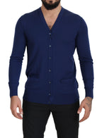 Blaue Strickjacke mit V-Ausschnitt und Knopfleiste aus Wolle