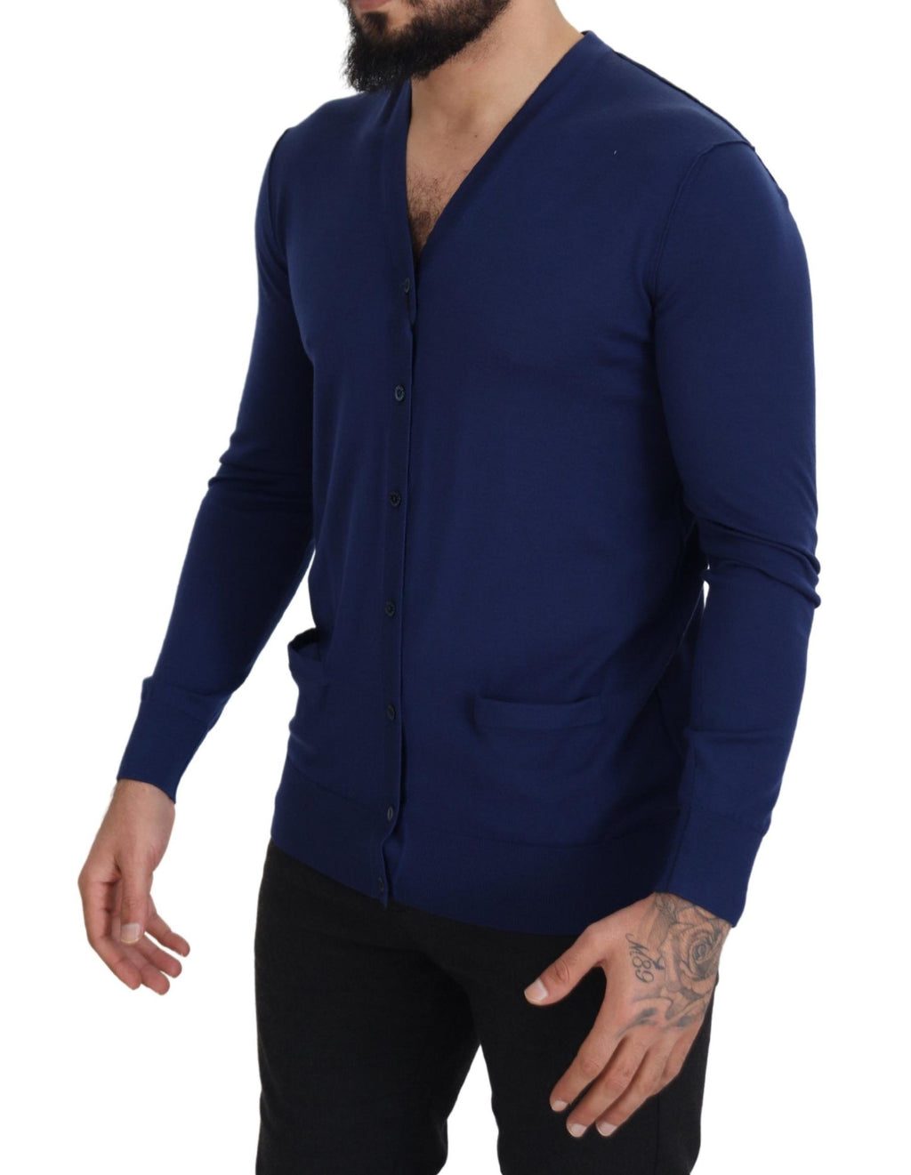 Blaue Strickjacke mit V-Ausschnitt und Knopfleiste aus Wolle