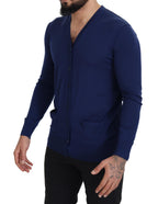 Blaue Strickjacke mit V-Ausschnitt und Knopfleiste aus Wolle