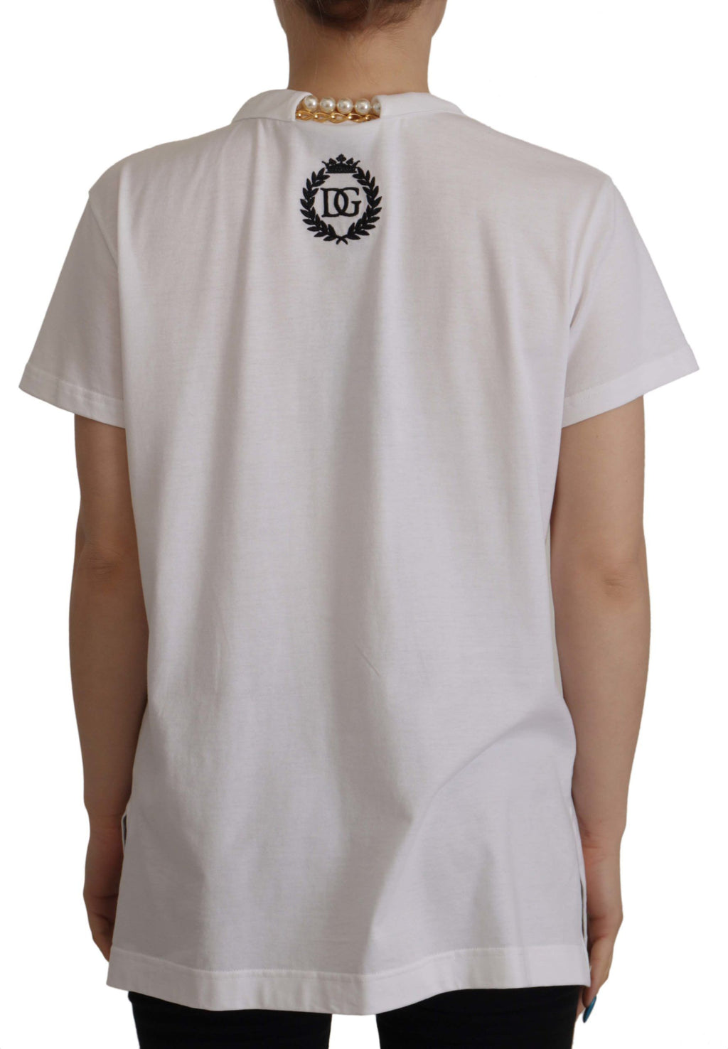 Weißes T-Shirt-Oberteil mit verziertem Ausschnitt