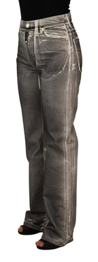 Grey Washed High Waist Denim Pants Cotton Jeans