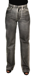Grey Washed High Waist Denim Pants Cotton Jeans