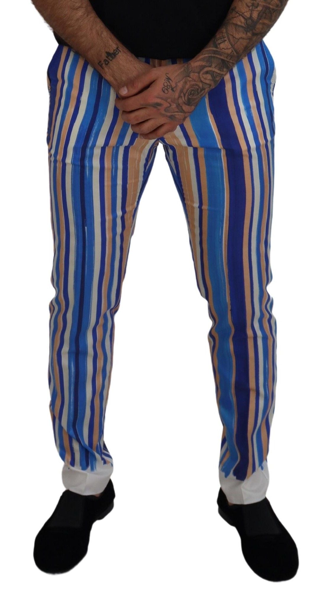 Blaue gestreifte Seide-Baumwolle schmale Hose